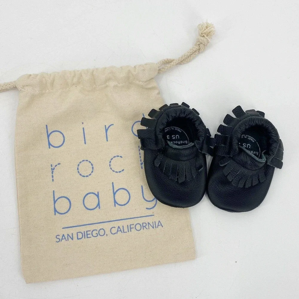 Bird Rock Baby Leather Moccasins Soft Sole Shoes Black Sz 3